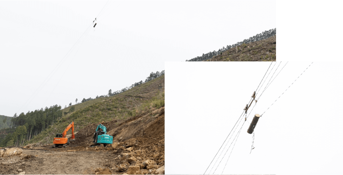 こんな風に木は山から空を飛んできます。ドローンでこの『線』を張るそうです。そして山の中の土場から里に出すときに、運び出しやすい3.4ｍになるそうです。長尺材は、注文があれば出し方があると思いますが、出してくれます。